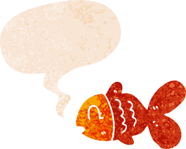 grunge 'da konuşma baloncuğu olan karikatür balığı bir insan tarafından çizilmiş dertli retro stil.