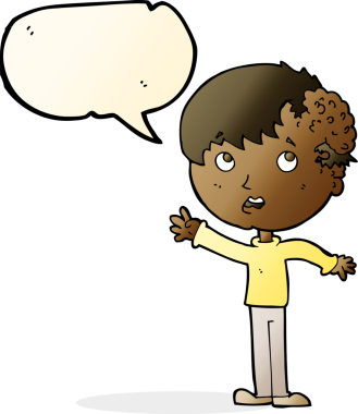 Bir insan tarafından çizilmiş konuşma baloncuğuyla kafasında büyüyen çizgi film çocuğu.