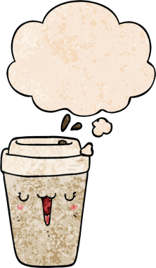 Bir insan tarafından çizilmiş grunge desenli düşünce baloncuklu çizgi film kahve fincanı.