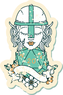 Retro Tattoo stili elf dövüşçüsü. Bir insan tarafından çizilmiş 20 zar ile.