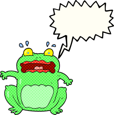 El yazısıyla çizilmiş çizgi roman konuşma balonu karikatürü. Bir insan tarafından çizilmiş komik, korkmuş kurbağa.
