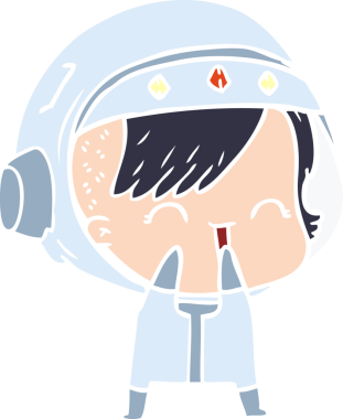 Düz renkli çizgi film. Gülen astronot kız bir insan tarafından çizilmiş.