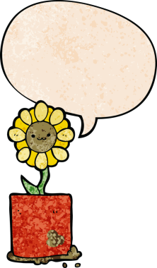 Bir insan tarafından çizilmiş geçmişe dönük desenli konuşma baloncuğu olan sevimli bir karikatür çiçeği.