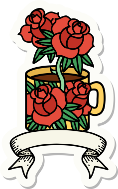 Bir fincanın pankartıyla dövme stili çıkartması ve bir insanın çizdiği çiçekler