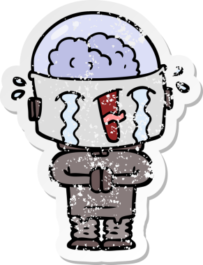 Bir insan tarafından çizilmiş, karikatür ağlayan robot çıkartması.