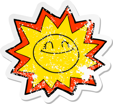 Bir insan tarafından çizilmiş mutlu bir karikatür güneşinin gerilmiş yapıştırması.