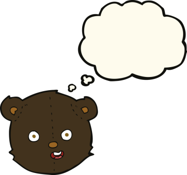 Bir insan tarafından çizilmiş düşünce baloncuklu siyah oyuncak ayı kafası.