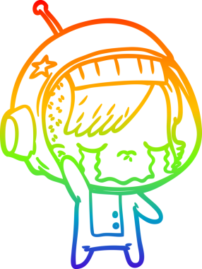 Gökkuşağı gradyan çizgi çizimi. Ağlayan astronot kız bir insan tarafından çizilmiş el sallıyor.