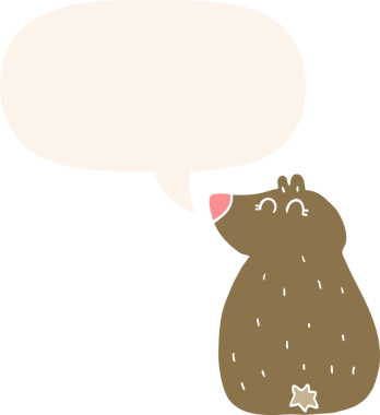 Bir insan tarafından çizilmiş konuşma baloncuğu olan sevimli çizgi film ayısı.