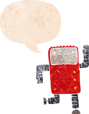 grunge 'da konuşma baloncuğu olan karikatür robotu bir insan tarafından çizilmiş gerilimli retro stil