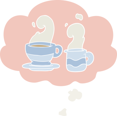 Düşünce baloncuklu bir kahve fincanı insan tarafından çizilmiş.