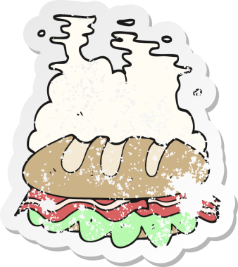 Bir karikatürün gerilimli çıkartması. Bir insan tarafından çizilmiş kocaman bir sandviç.