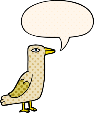 Bir insan tarafından çizilmiş çizgi roman tarzında konuşma baloncuğu olan çizgi film kuşu.
