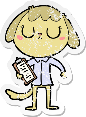 Bir insan tarafından çizilmiş ofis gömleği giyen sevimli bir köpeğin sıkıntılı çıkartması.