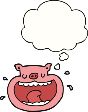 Bir insan tarafından çizilmiş düşünce baloncuklu iğrenç domuz çizgi filmi.