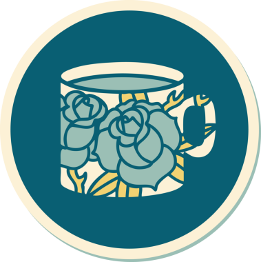 Geleneksel bir kupa stili dövme çıkartması ve bir insan tarafından çizilmiş çiçekler.