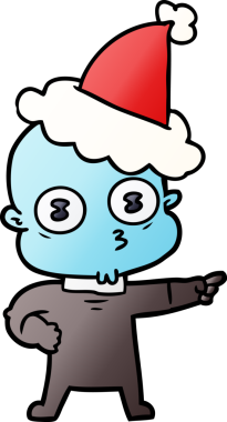 Bir insan tarafından çizilmiş Noel Baba şapkası giymiş garip kel bir uzaylının el çizimi karikatürü.