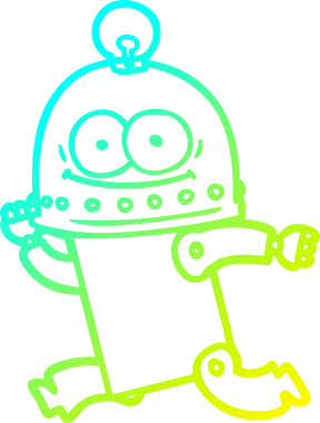 Bir insan tarafından çizilmiş ampullü mutlu bir robot çizimi.