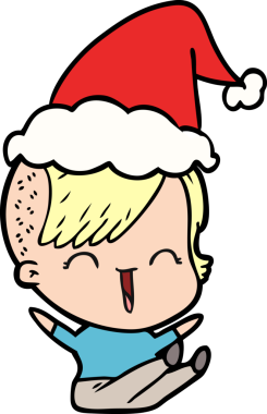 Bir insan tarafından çizilmiş Noel Baba şapkası takan mutlu bir hippi kızın el çizimi.