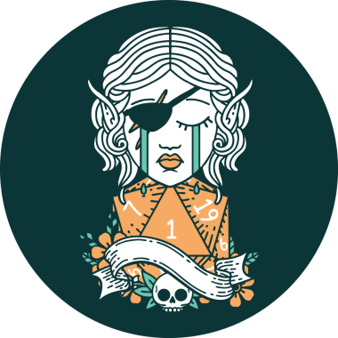 Hüzünlü elf karakteri yüzü, bir insan tarafından çizilmiş doğal bir d20 rulo.