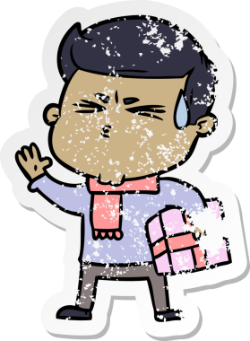 Bir insan tarafından çizilmiş terleyen bir çizgi film karakterinin sıkıntılı çıkartması.