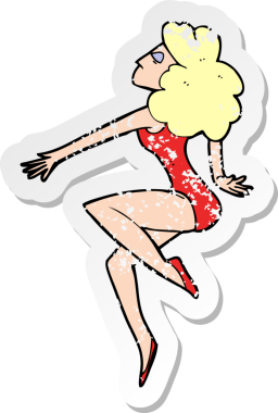 Bir insan tarafından çizilmiş dans eden bir karikatür kadının gerilmiş çıkartması.