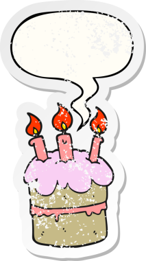 Doğum günü pastası. Konuşma baloncuğu olan. Bir insan tarafından çizilmiş sıkıntılı eski bir çıkartma.