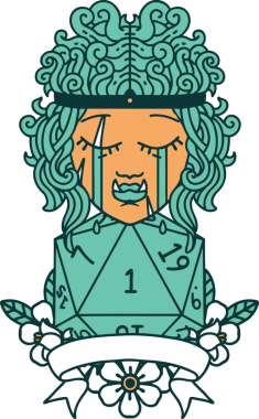 Retro Dövme Tarzı Ağlayan Ork Barbar Karakteri Bir insan tarafından çizilmiş doğal D20 rulosu