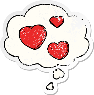 Düşünce baloncuklu karikatür aşk kalpleri insan tarafından çizilmiş yıpranmış bir çıkartma gibidir.