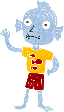 Bir insan tarafından çizilmiş, el sallayan balık çocuk.