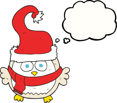 Bir insan tarafından çizilmiş noel şapkası giyen serbest çizim baloncuk baykuş.