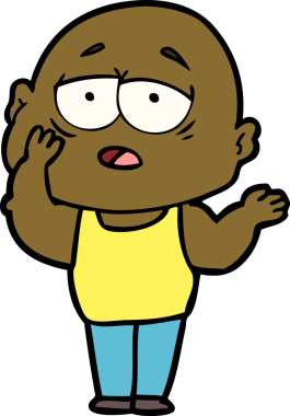 Bir insan tarafından çizilmiş yorgun, kel bir adam.