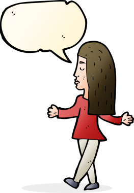 Bir insan tarafından çizilmiş konuşma baloncuğuyla omuz silken çizgi film kadını.