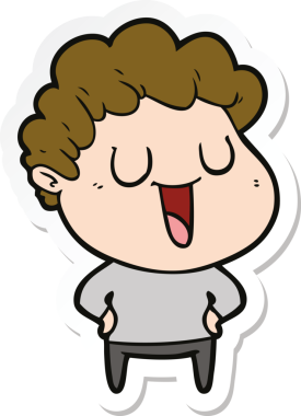 Bir insan tarafından çizilmiş, gülen bir karikatürcünün çıkartması.