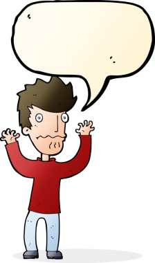 Bir insan tarafından çizilmiş konuşma baloncuğu olan korkmuş bir adam.