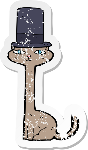 Bir insan tarafından çizilmiş silindir şapkalı çizgi film kedisinin gerilmiş çıkartması.