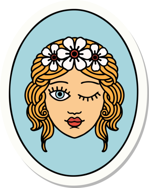 Geleneksel bir dövme stili. Çiçekten taç takmış bir kız. Bir insan tarafından çizilmiş.