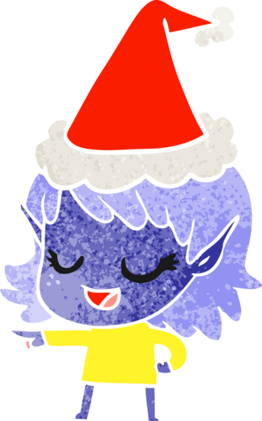 Mutlu el çizimi, bir insan tarafından çizilmiş Noel Baba şapkası takan bir elf kızı.