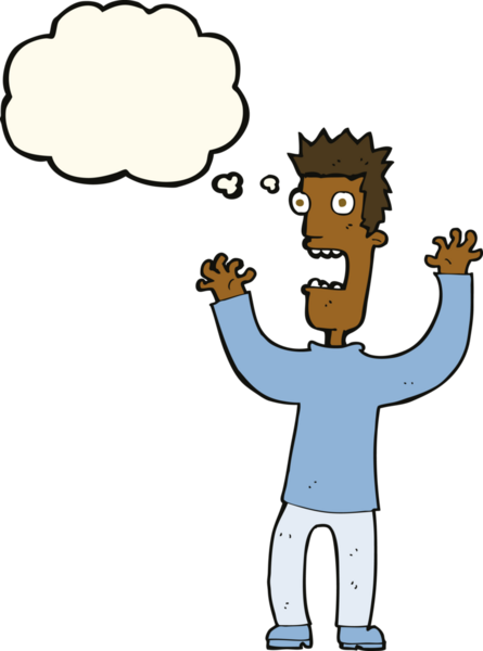 Bir insan tarafından çizilmiş düşünce baloncuğuyla dehşete düşmüş bir adam.