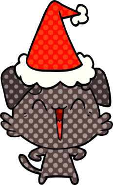 Mutlu köpek eli çizilmiş çizgi roman tarzı Noel Baba şapkası giyen bir insan tarafından çizilmiş.