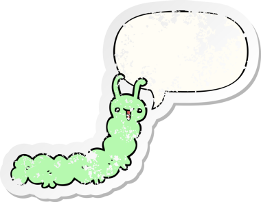 Çizgi film tırtılı, konuşma baloncuğu olan bir insan tarafından çizilmiş sıkıntılı eski bir çıkartma.