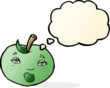 bir insan tarafından çizilmiş, yüzü düşünce baloncuğu olan çizgi film elması
