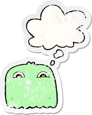 Düşünce baloncuğu olan karikatür hayaleti bir insan tarafından çizilmiş yıpranmış bir çıkartma.