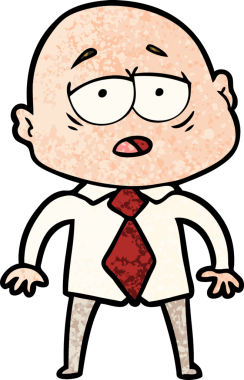 Bir insan tarafından çizilmiş tişörtlü ve kravatlı yorgun kel adam.