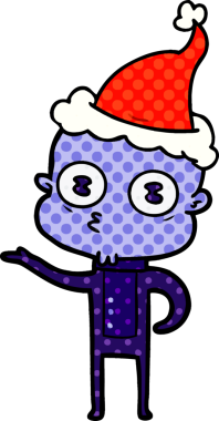 Bir insan tarafından çizilmiş Noel Baba şapkası giyen tuhaf kel bir uzaylının el çizimi çizgi roman tarzı çizimi.