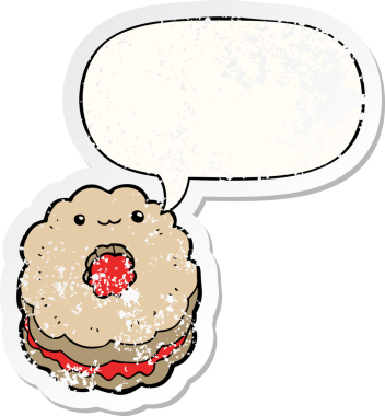 Konuşma balonlu çizgi film bisküvisi bir insan tarafından çizilmiş sıkıntılı eski bir çıkartma