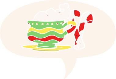 Bir insan tarafından çizilmiş eski tarz konuşma baloncuklu şeker çubuklu Noel kakaosu.