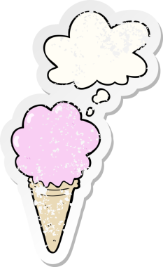 Düşünce baloncuklu çizgi film dondurması insan tarafından çizilmiş yıpranmış bir çıkartma gibi.