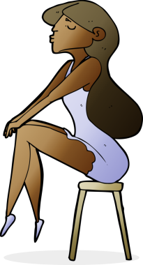 Bir insan tarafından çizilmiş taburede oturan karikatür kadını.