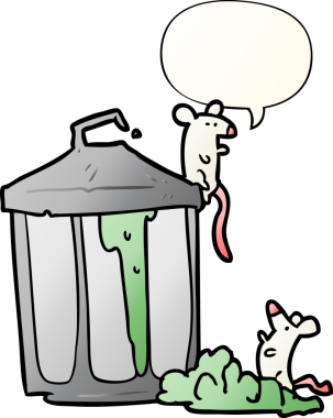 Bir insan tarafından çizilmiş, üzerinde konuşma kabarcığı olan eski bir metal çöp tenekesi.